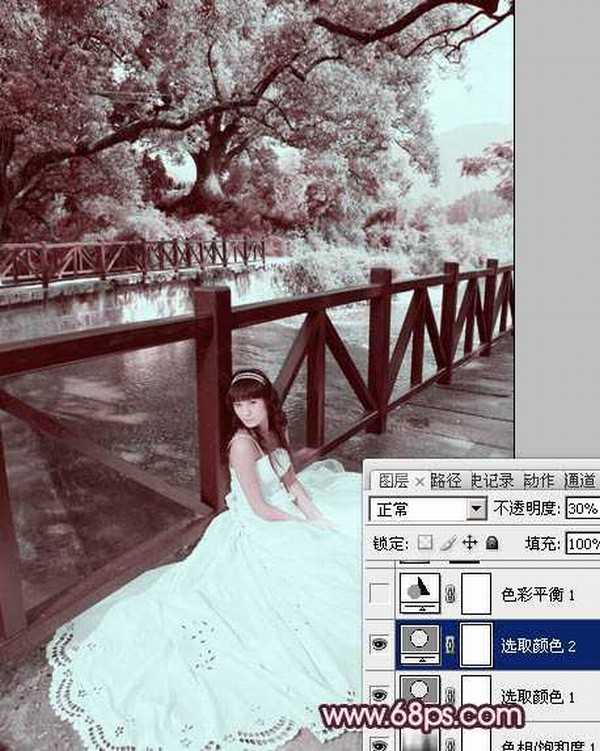 Photoshop将河边美女婚片调成梦幻的紫红色方法