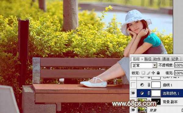 Photoshop为坐在公园椅子上的美女图片增加流行的韩系黄褐色