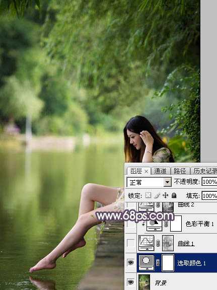 Photoshop使用调色与渲染工具打造出梦幻的绿紫色水景人物图片