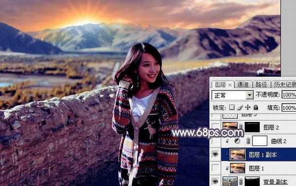Photoshop将高原山区人物图片调至出灿烂的霞光色