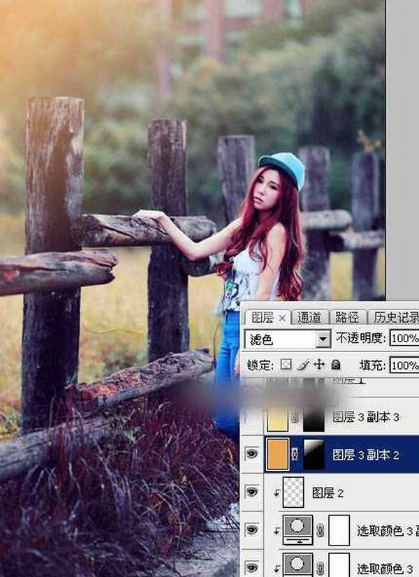 Photoshop为木桩边的美女人物加上高对比蓝黄色效果教程