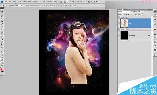 Photoshop合成星云四射背景下的美女效果图